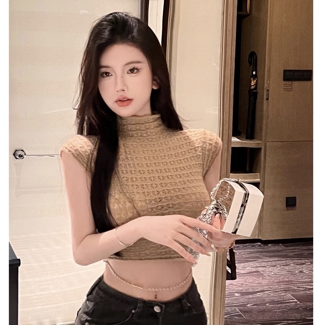QKOOLE Áo croptop dệt kim  không tay cổ tròn phong cách Hàn Quốc dễ thương cho nữ