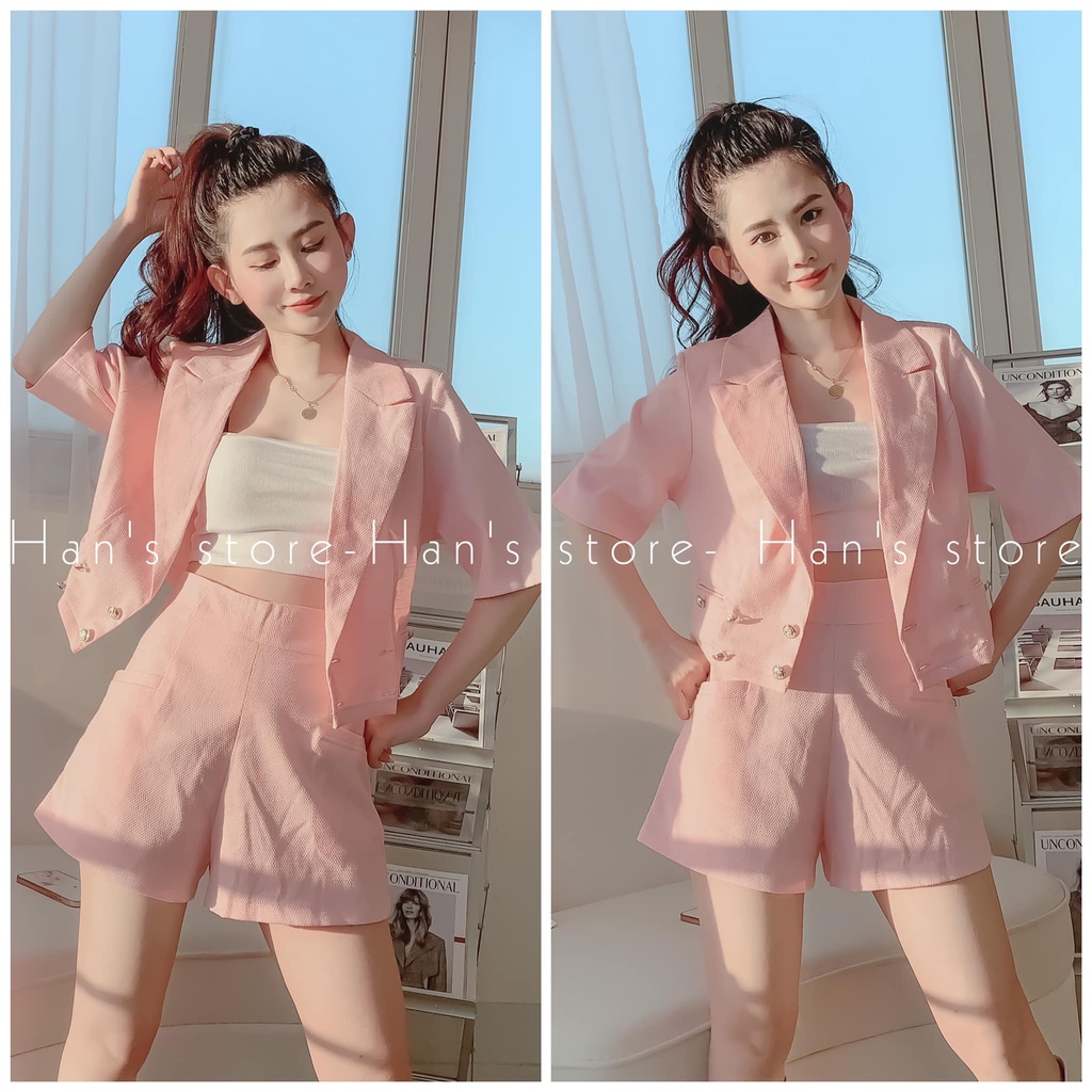 (XẢ KHO) BỘ CHẤT TWEED MINI VEST - MÀU HỒNG / XANH - SET KHÔNG KÈM ÁO ỐNG (ẢNH THẬT)
