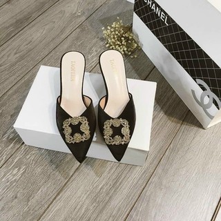 Giày cao gót nữ phối mặt đá vuông chất lụa gót 5cm cao cấp
