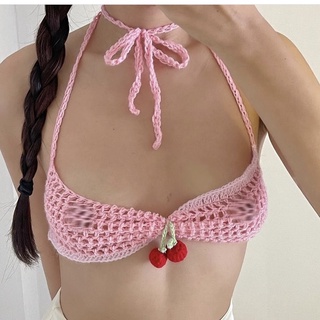 Cherry Bralette Len- Crochet Top - Bikini Len Móc [Xanh lá nhé]