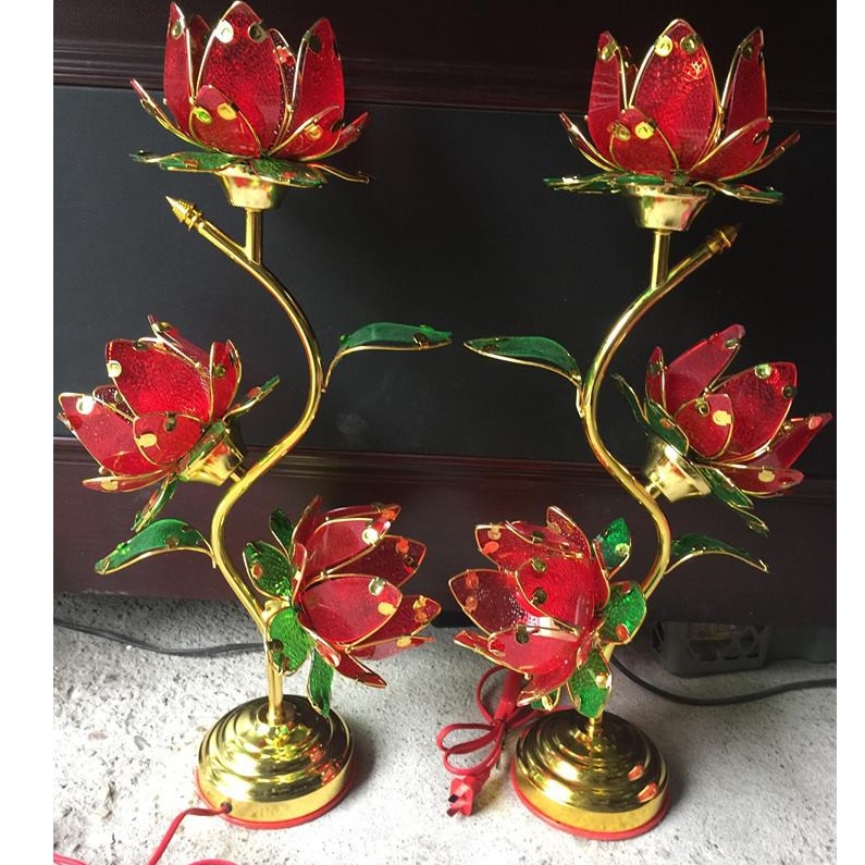 Bộ 2 đèn thờ cắm điện sang trọng họa tiết 3 bông hoa sen ngàn cánh  cao 35F