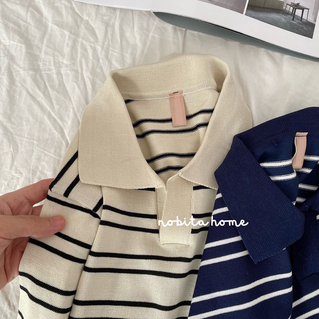 NOOBITA - Áo thun polo dệt kim kẻ sọc 7742