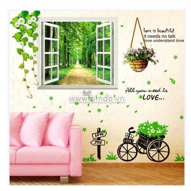 BỘ COMBO DECAL GHÉP ĐÔI TRANG TRÍ - Cửa Sổ 1 con đương kết hợp Xe Đạp giỏ hoa ( 2 TẤM )