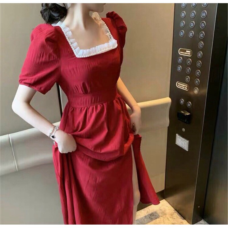 [ORDER] [sale] đầm midi đỏ quảng châu cổ phối ren trắng ulzzang, váy chụp kỉ yếu dự tiệc prom vintage boho thổ cẩm xoè d