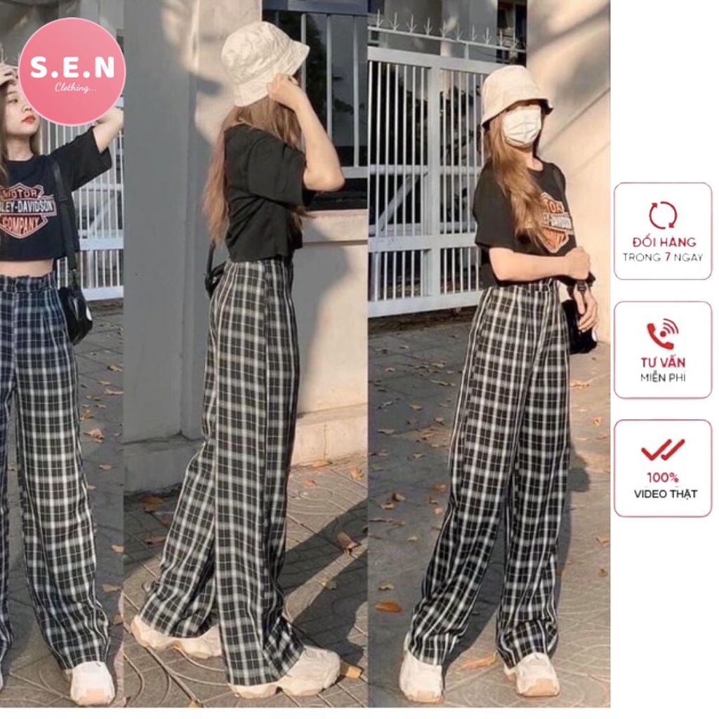 Quần caro ống rộng, cạp cài cúc khoá đủ size S-XL, hàng loại 1.