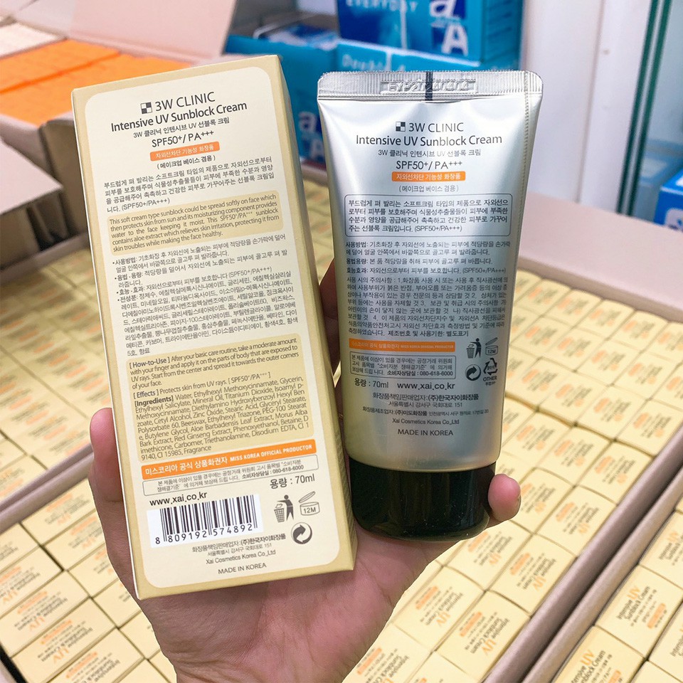 Kem chống nắng 3W Clinic Intensive Uv Sunblock Cream SPF50+ Pa+++ 70ml Hàn Quốc