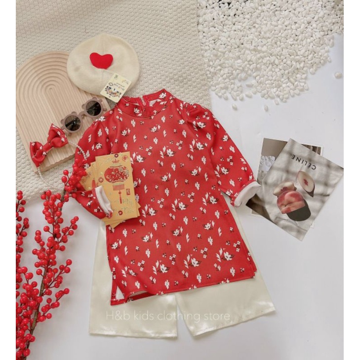 Set áo dài 3 chi tiết HB kids bé gái 2022 chất liệu nhung hoa