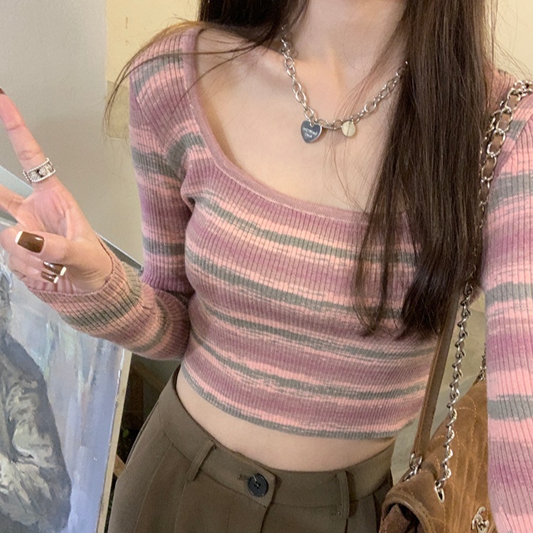 Áo Croptop Dệt Kim Họa Tiết Kẻ Sọc Màu Hồng Thời Trang Cho Nữ