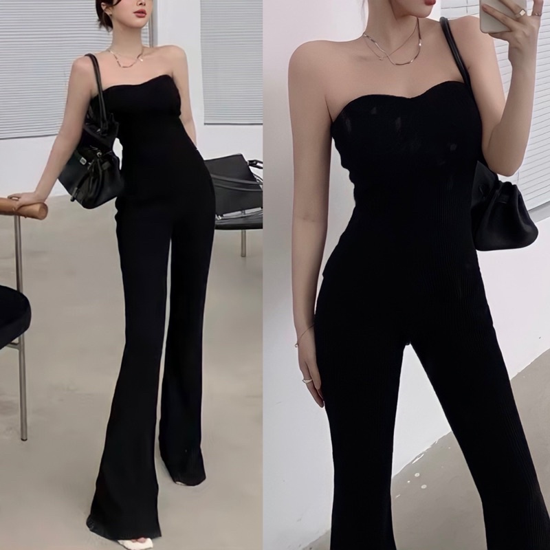 Jumpsuit Ống Loe Dáng Dài Có Đệm Ngực