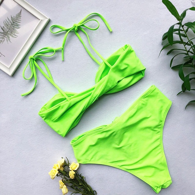 [BKN270] &lt;ÂU&gt; SET BIKINI XANH NEON NƠ VAI (CẠP CAO)