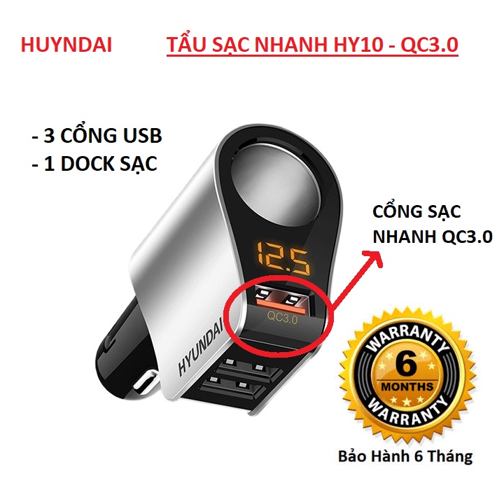 Tẩu sạc ô tô, tẩu sạc nhanh QC3.0 với 3 cổng USB, HUYNDAI HY-10 điện áp 12 đến 24v