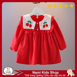 [55:K18] Váy bé gái Quảng Châu dài tay thêu quả cherry dễ thương cho bé