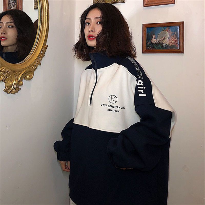 [Order] Áo sweater nỉ da cá dáng rộng trắng và xanh than màu cá tính dáng rộng cổ cao kéo khóa ulzzang (ảnh thật) | BigBuy360 - bigbuy360.vn