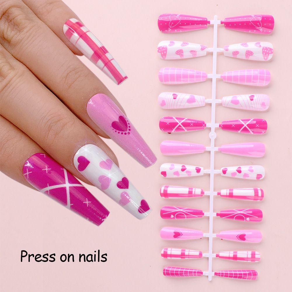 .Bộ 24 Móng Tay Giả Nối Dài Trang Trí Nghệ Thuật Trái Tim