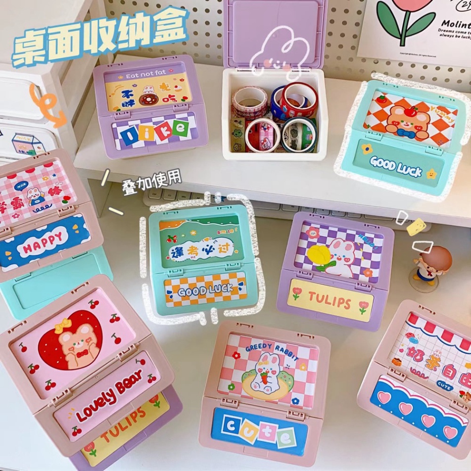 Hộp Đựng Trang Sức Nắp Lật Họa Tiết Hoạt Hình Dễ Thương Có Thể Xếp Chồng - Kệ Đựng Đồ Mini