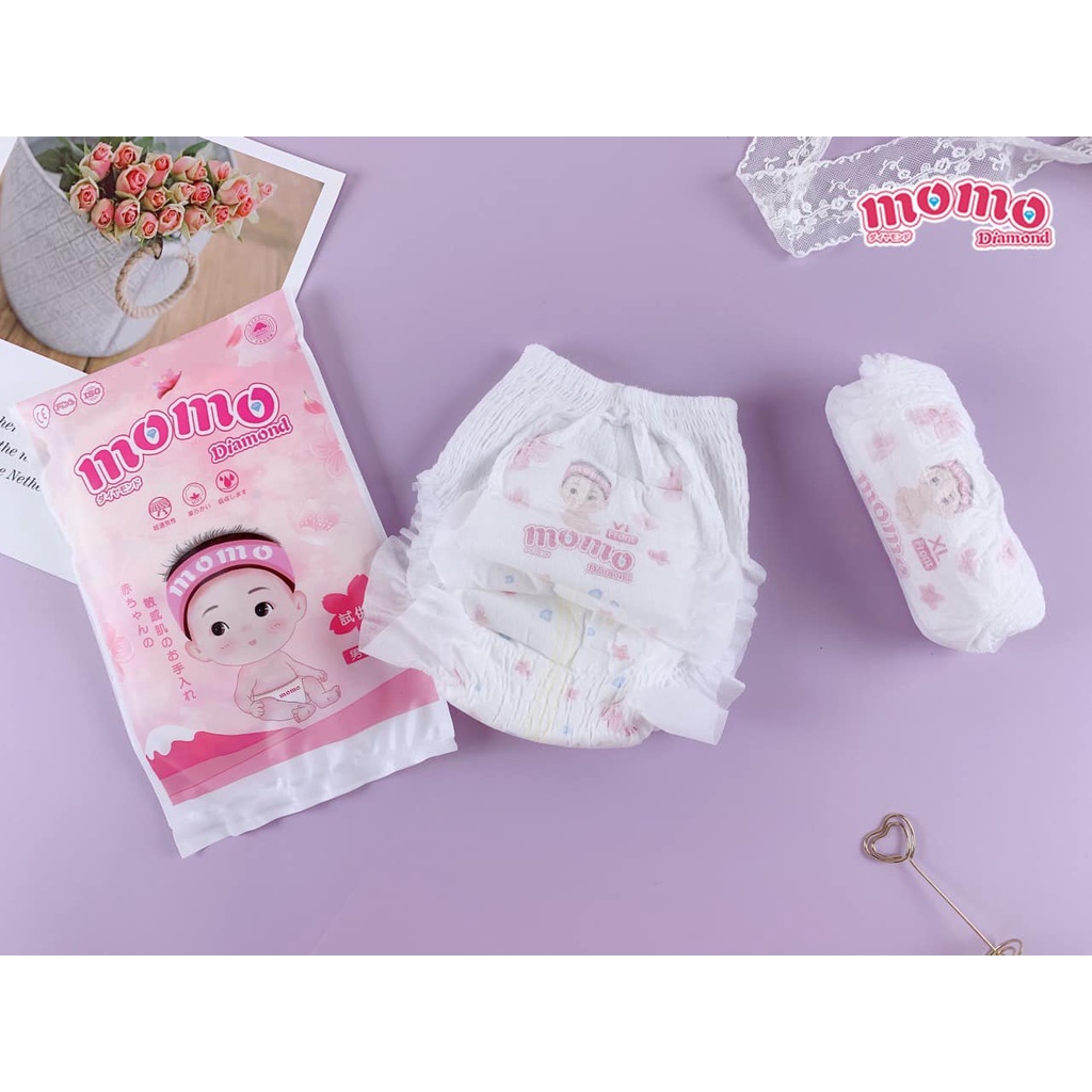 Bỉm tã dán/quần đủ size MOMO DIAMOND ORGANIC S64/ M60/L54/XL50/XXL48/XXXL46 tinh chất hoa anh đào