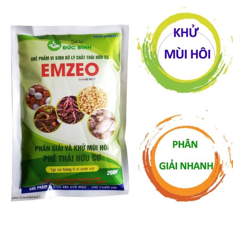 Chế phẩm vi sinh xử lý chất thải hữu cơ EMZEO dạng bột dùng để phân giải và khử mùi hôi phế thải hữu cơ.