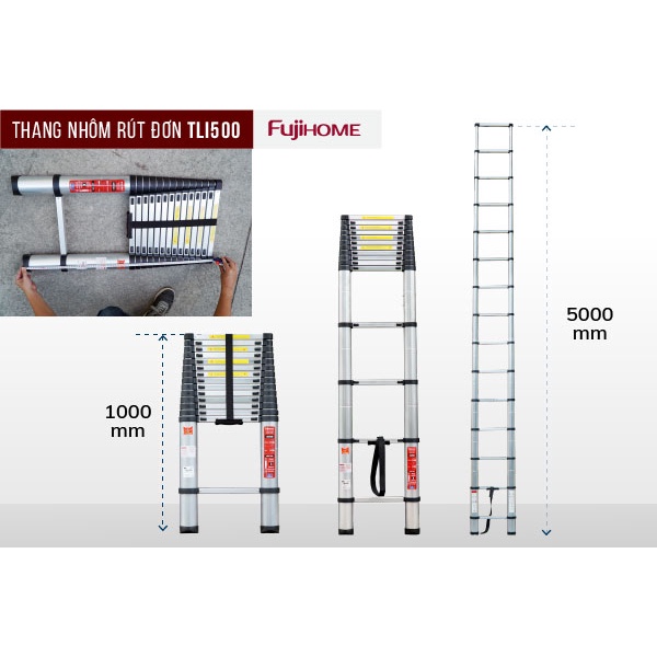 Thang nhôm rút gọn đơn cao 3,8M - 5M gấp gọn nhập khẩu CN Nhật Bản FUJIHOME, thang rút xếp gọn đa năng gia đình giá rẻ