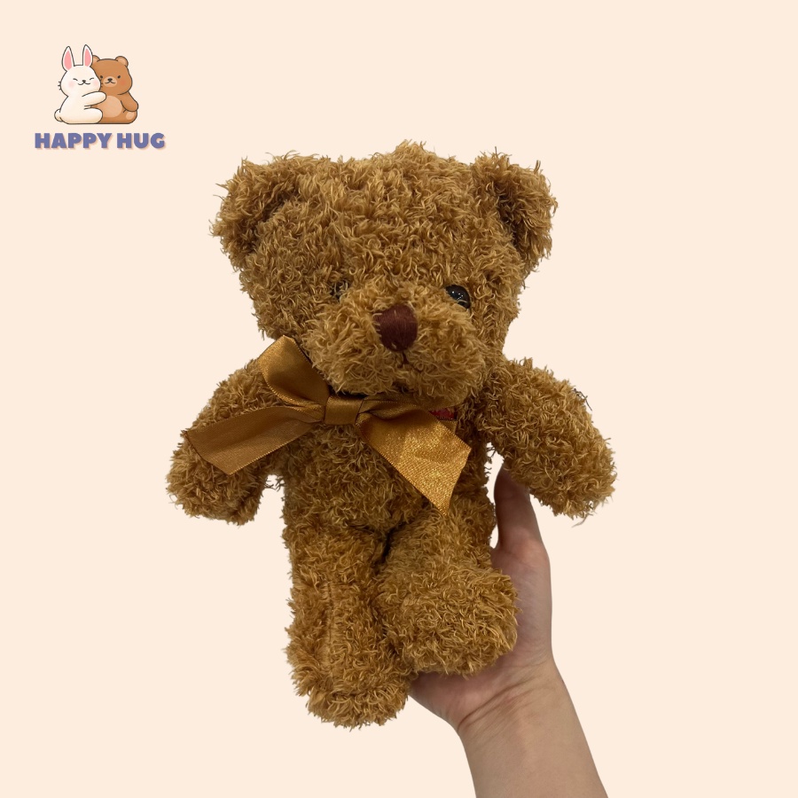 Gấu bông xù size nhỏ 25 cm xinh xắn, dễ thương, mềm mịn, đính nơ lụa, thú nhồi bông cao cấp - Happy Hug