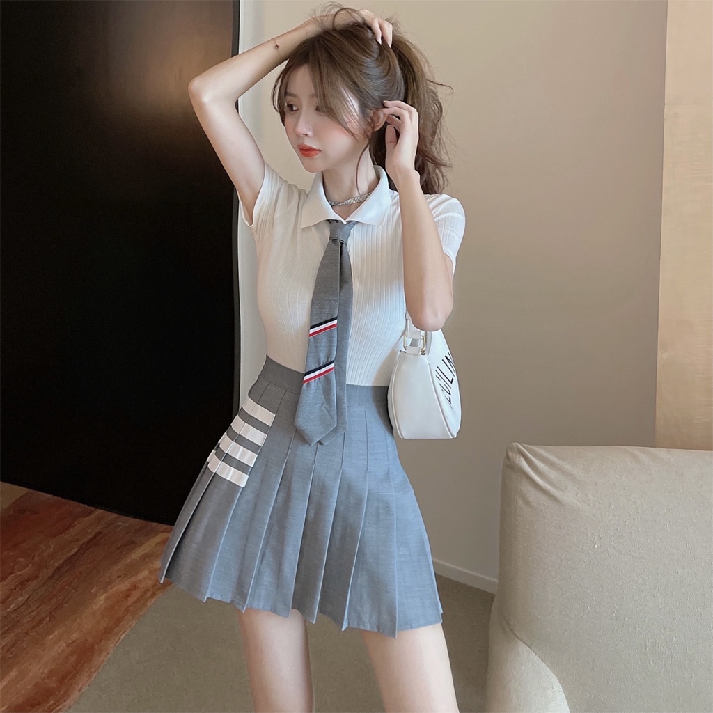 Set áo sơ mi croptop trắng tay ngắn kèm cà vạt xám sọc polo + váy lưng cao tennis xếp ly kẻ ngang ulzzang trẻ trung