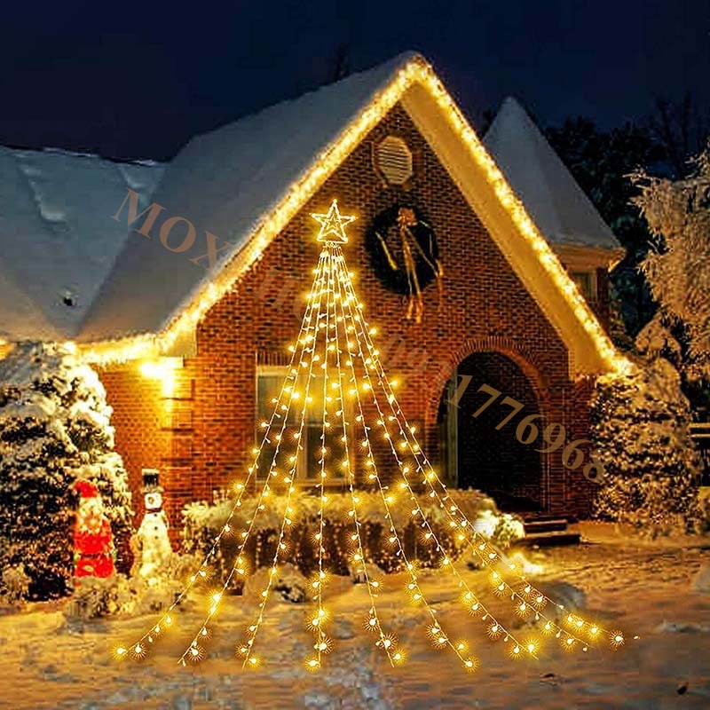 Đèn LED 9 dây thả rèm hình ngôi sao dùng năng lượng mặt trời trang trí DECOR sân vườn NOEL GIÁNG SINH TẾT MOXI.