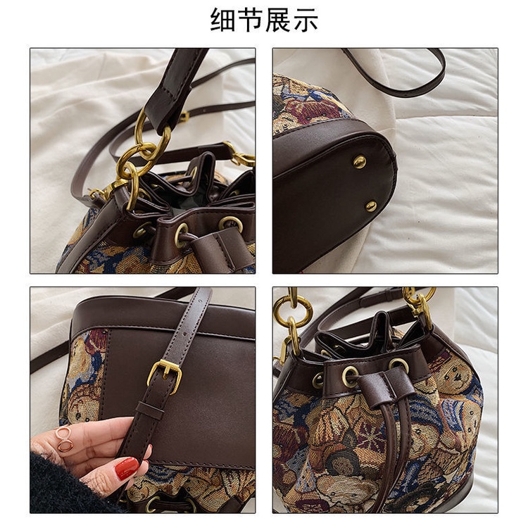 Popular bag women's net red bear printed one shoulder bucket bag versatile messenger bag