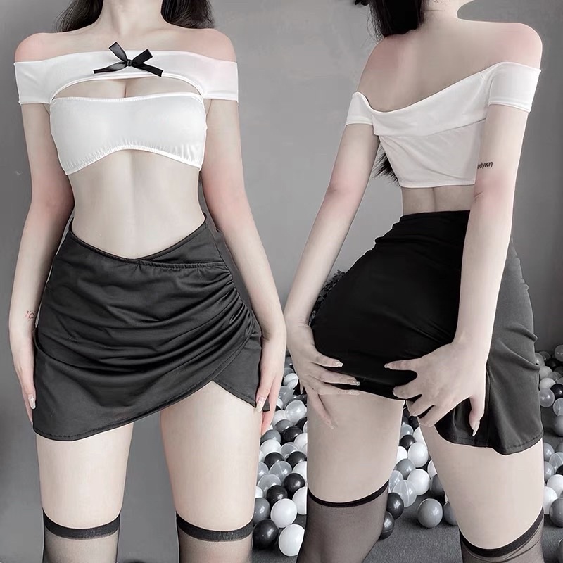 LL2470 Áo Trễ Ngang Vai + Váy Bo Nhún Vạt Cao Gợi Cảm - Hoá Thân Thành Nàng Thư Kí Quyến Rũ - Cosplay Sexy