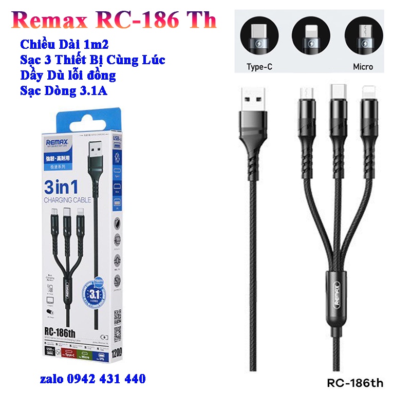 Cáp sạc 3 đầu Remax RC-186TH ✓ IP , Micro USB , Type C ✓ Bảo hành Toàn Quốc