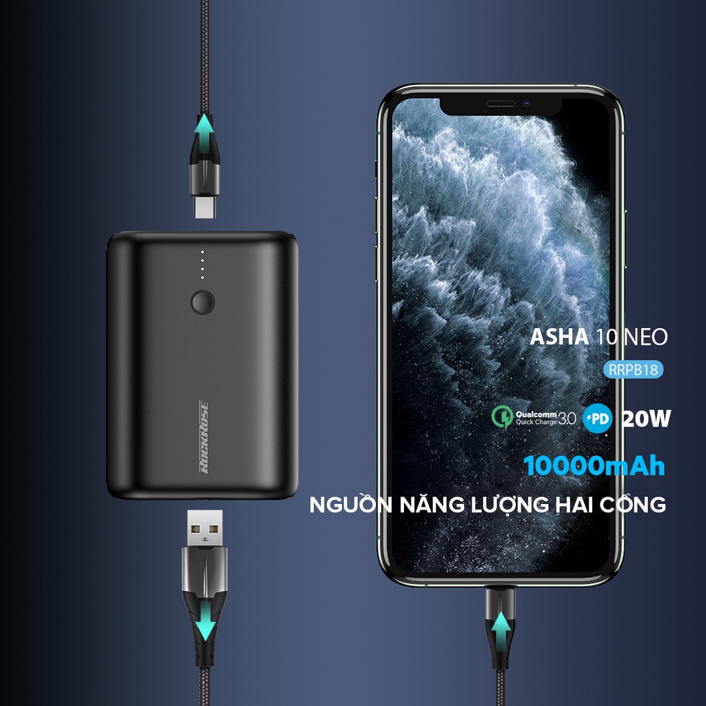 Sạc Dự Phòng Mini Siêu Nhỏ 10000mAh ROCKROSE Asha 10 Neo QC 3.0 - Cổng USB A/ Type C Sạc Cho Iphone/ Android