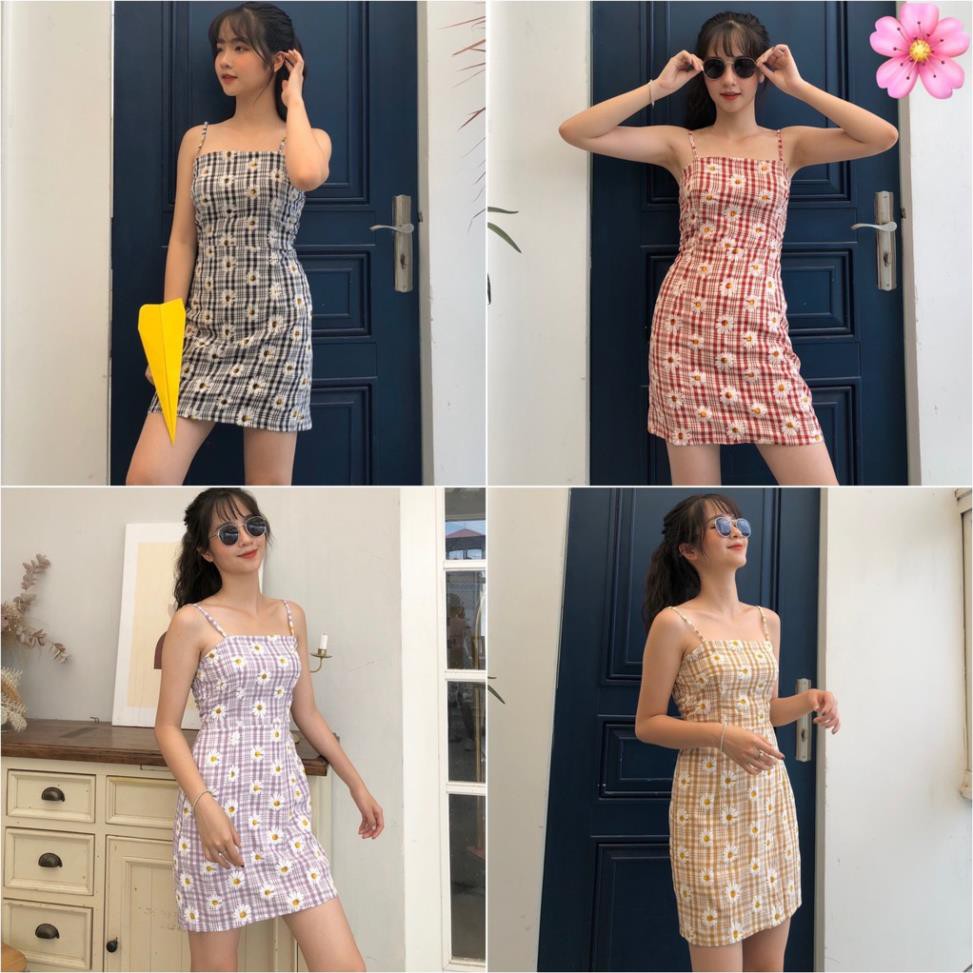 Váy 2 dây hoa cúc kẻ caro body ngắn - Đầm 2s cotton thô mềm dáng suông ôm lưng chun khóa kéo bánh bèo tiểu thư nữ