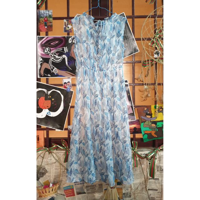 Đầm voan maxi họa tiết chiếc lá.Đầm Secondhand Hàn Quốc. Đầm si