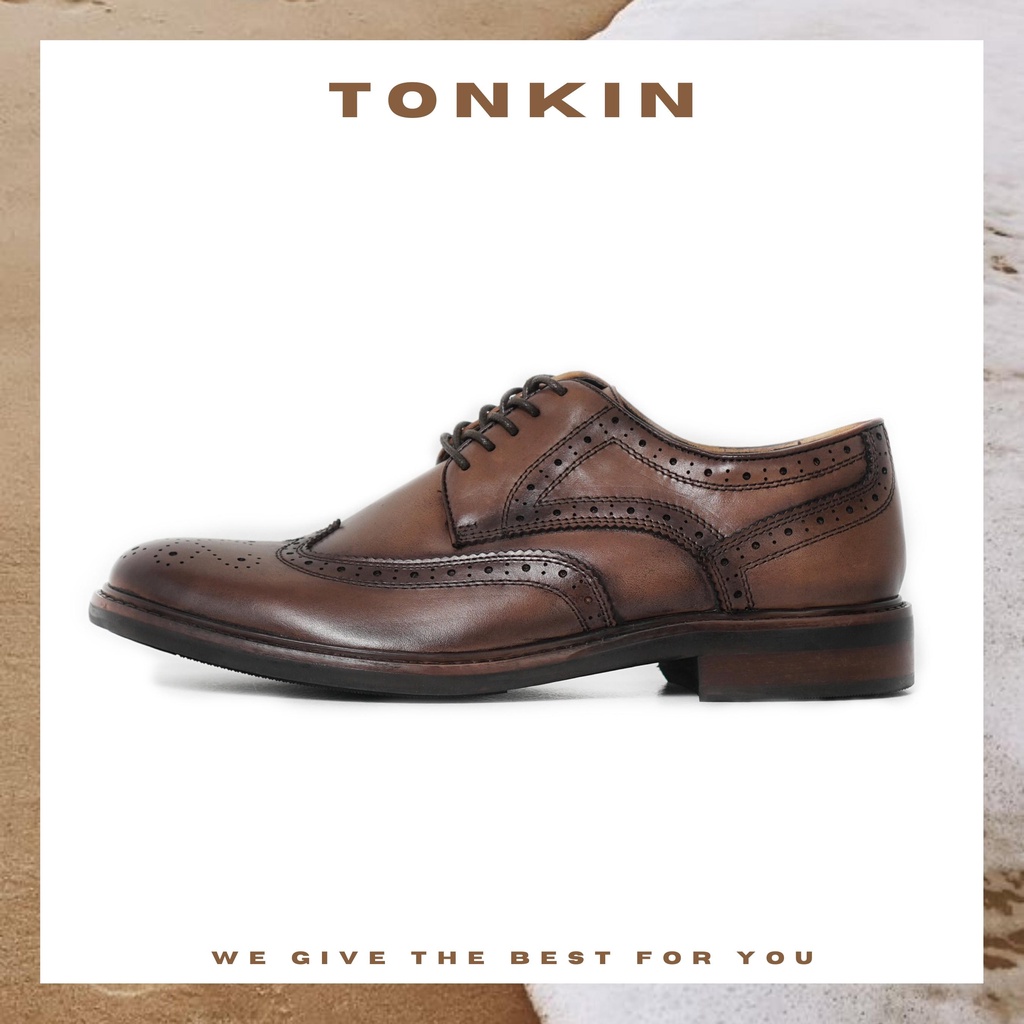 Giày tây nam Midnight màu nâu, giày văn phòng da bò thật hoạ tiết Wingtip thương hiệu TONKIN