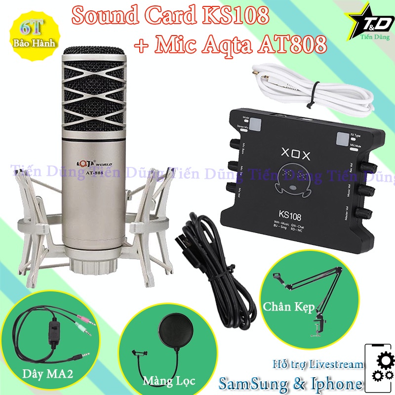 Combo mic thu âm livestream karaoke Aqta AT808 và sound card XOX KS108 bản tiếng anh đi kèm chân kẹp màng lọc dây MA2