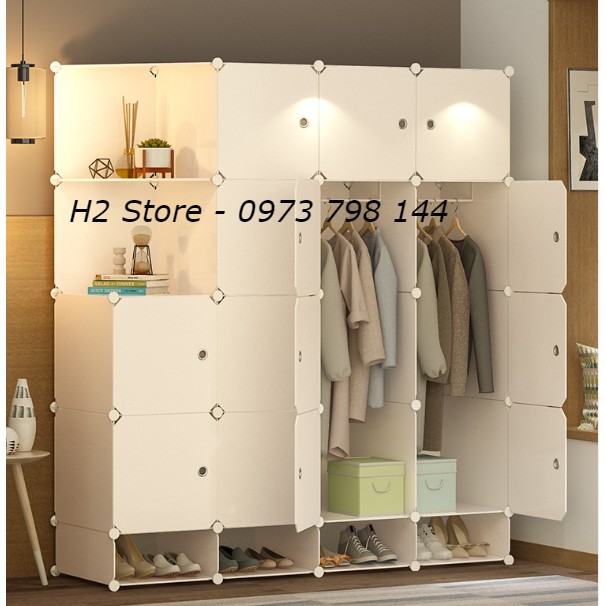 TỦ NHỰA ĐỂ ĐỒ NHIỀU MẪU LẮP GHÉP THÔNG MINH 16 Ô + 4 Ô GIÀY (GỒM 2 KỆ GÓC) VÁCH TRẮNG CỬA QUẦN ÁO VÀ TRẮNG ĐỤC sâu 47cm