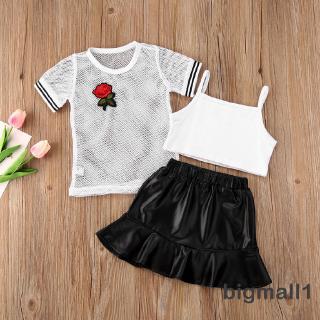 Bộ áo lưới + áo hai dây + chân váy da xếp ly đáng yêu cho bé gái
