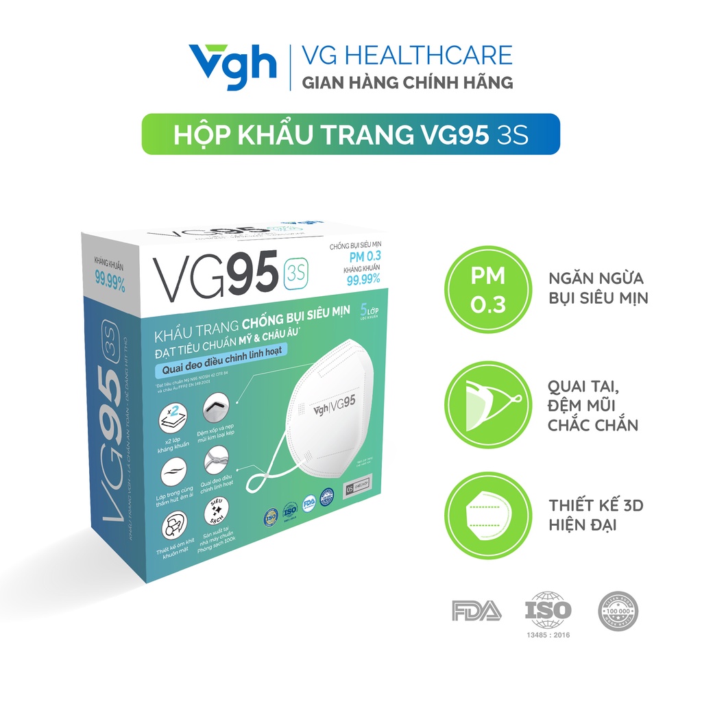 Khẩu trang VG95 3S thiết kế 3D, kháng khuẩn, thoải mái, nút chỉnh quai tai - Chính hãng VG Healthcare - Hộp 5 chiếc