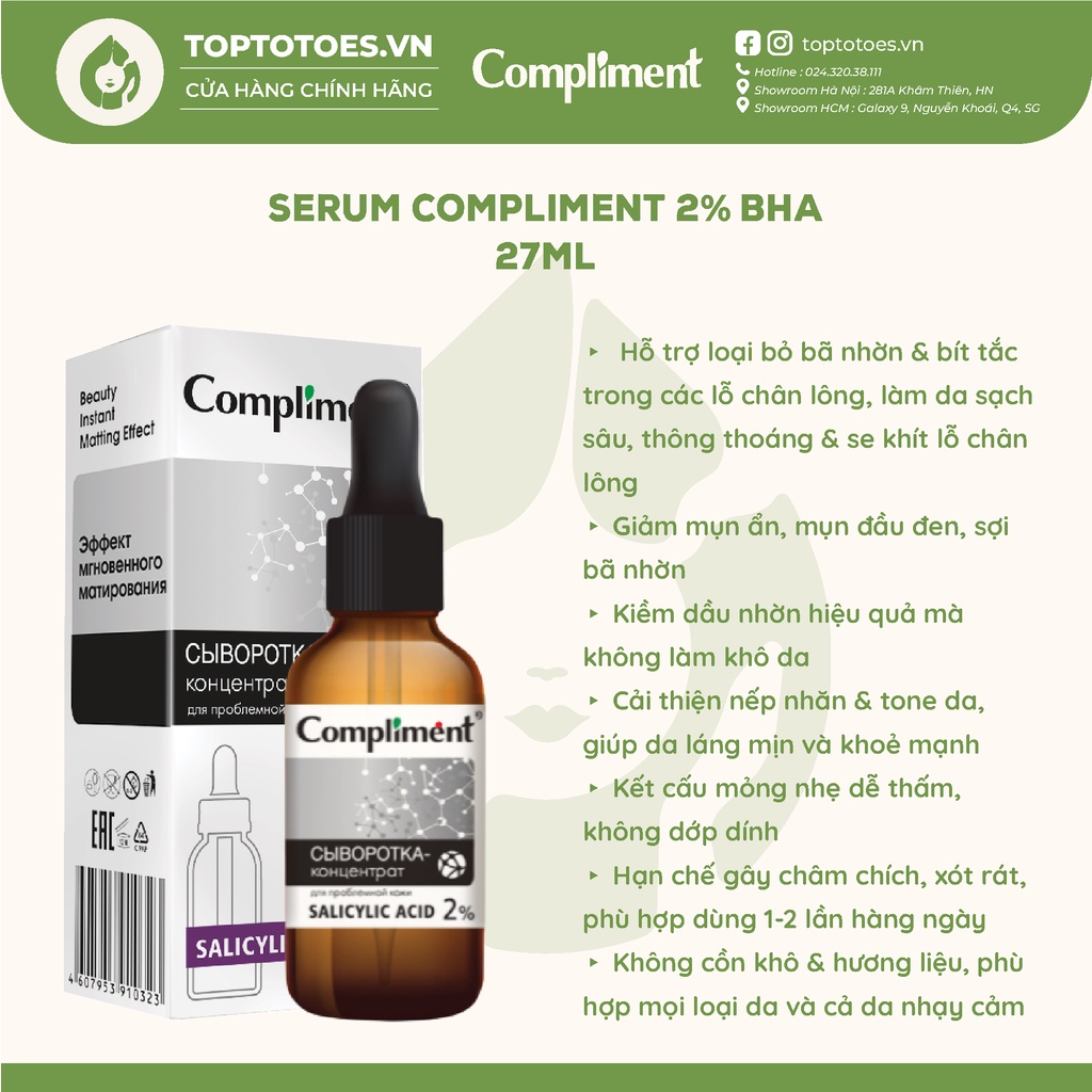 Serum Compliment 2% BHA làm sạch sâu, giảm mụn, se lỗ chân lông, kiềm dầu 27ml