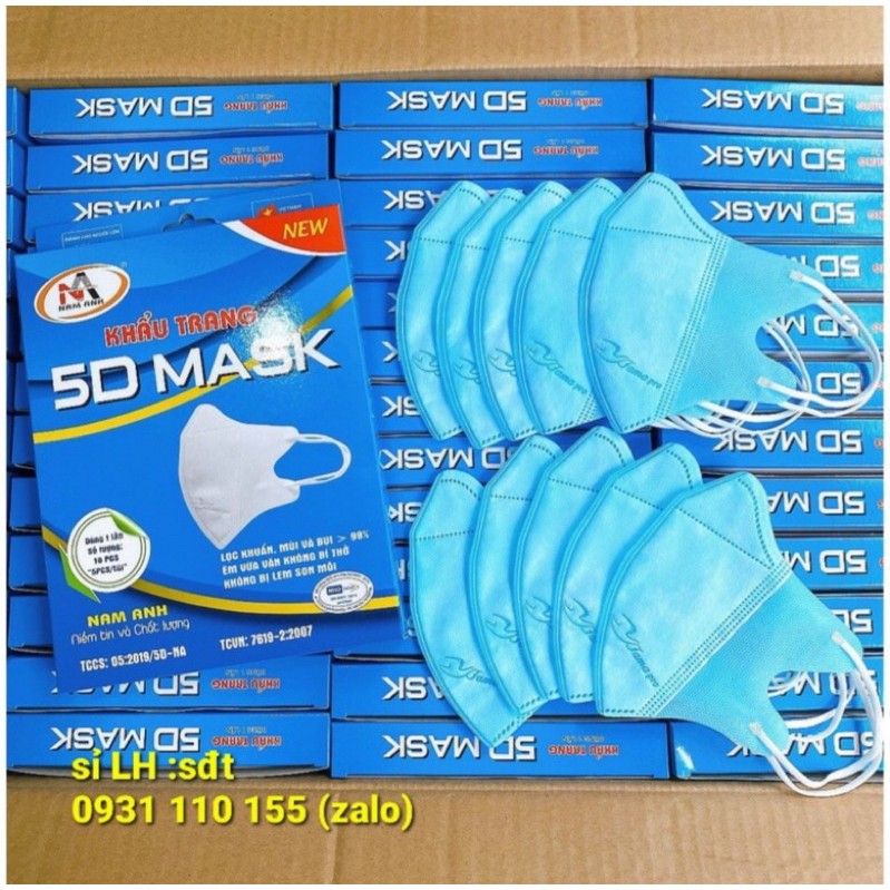 ✅ Hộp 10 Khẩu Trang y tế 5D Mask giấy kháng khuẩn Famapro Nam Anh màu xanh