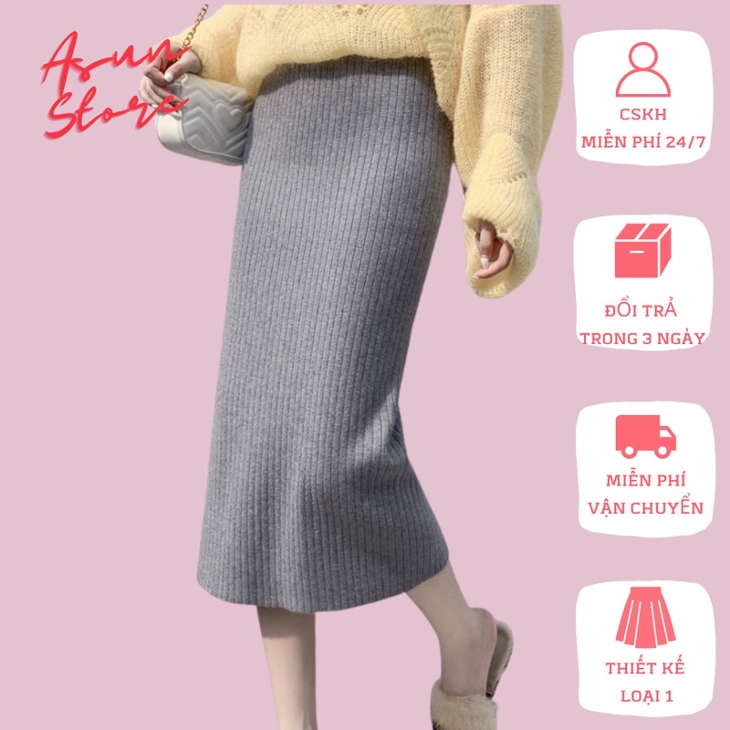 Chân váy nữ len body xẻ màu ghi