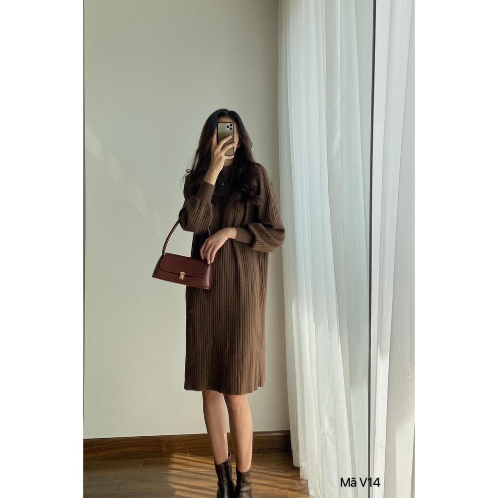 Váy suông len tay dài có bo, cổ tròn, dáng đầm suông rộng freesize 5 màu trơn, mã V14 - Michi's House | BigBuy360 - bigbuy360.vn