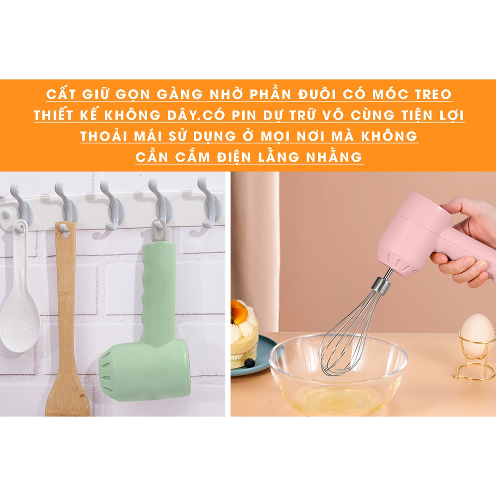 Máy Đánh Trứng, Đánh Bột Cầm Tay Mini Không Dây Tiện Lợi Với 3 Tốc Độ Mạnh - Kèm Dây Sạc USB (Tặng dụng cụ tách lòng đỏ)