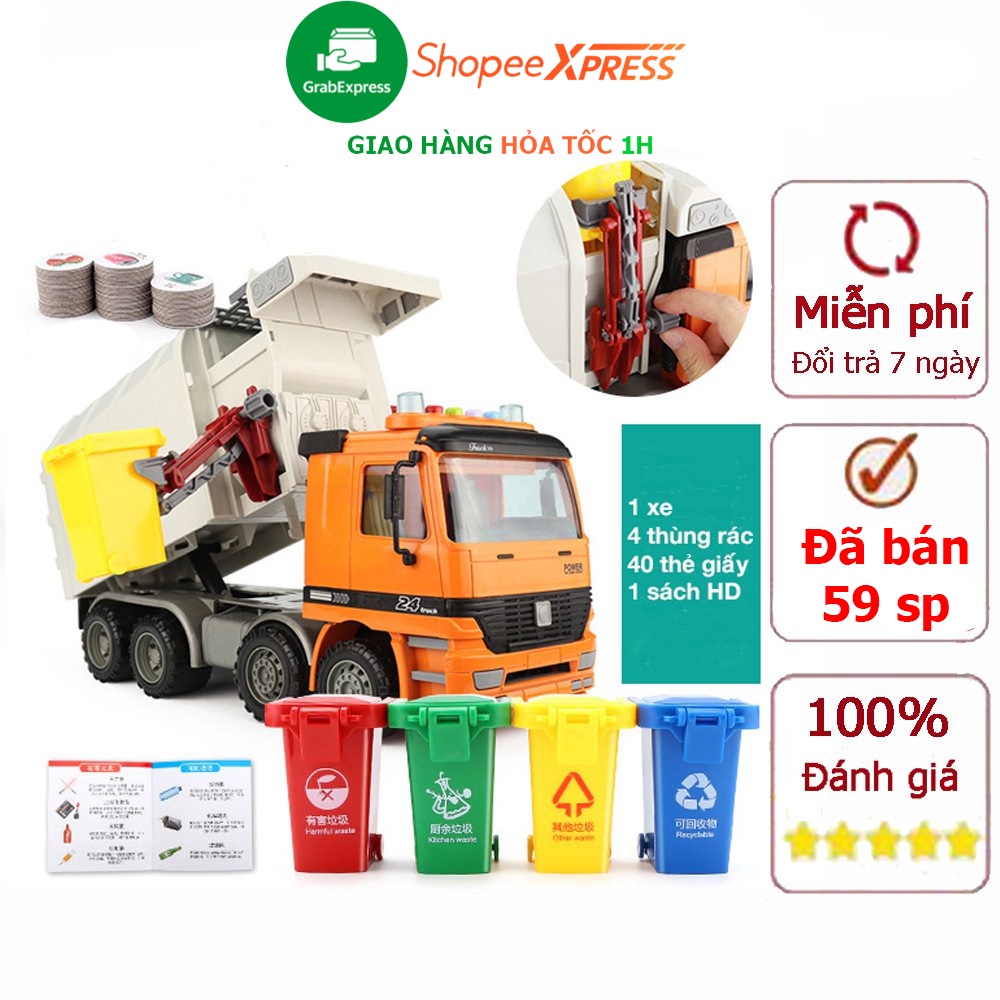 Bộ đồ chơi lắp ghép xe vệ sinh thu gom rác có đèn và âm thanh giúp bé phát triển các kĩ năng  (kèm 4 thùng rác)