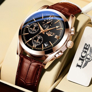 LIGE Đồng hồ đeo tay nam Thời trang Casual Analog Quartz Không thấm nước Chronograph dạ quang Da thể thao Đồng hồ đeo tay