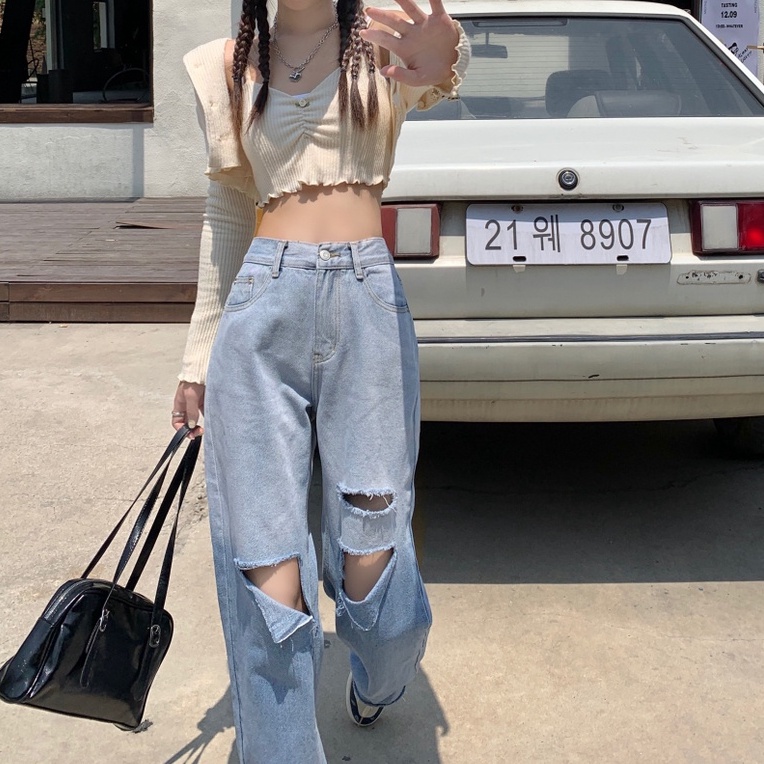 Quần jeans Nữ Lưng Cao Ống Rộng Thời Trang Hàn Quốc Cá Tính
