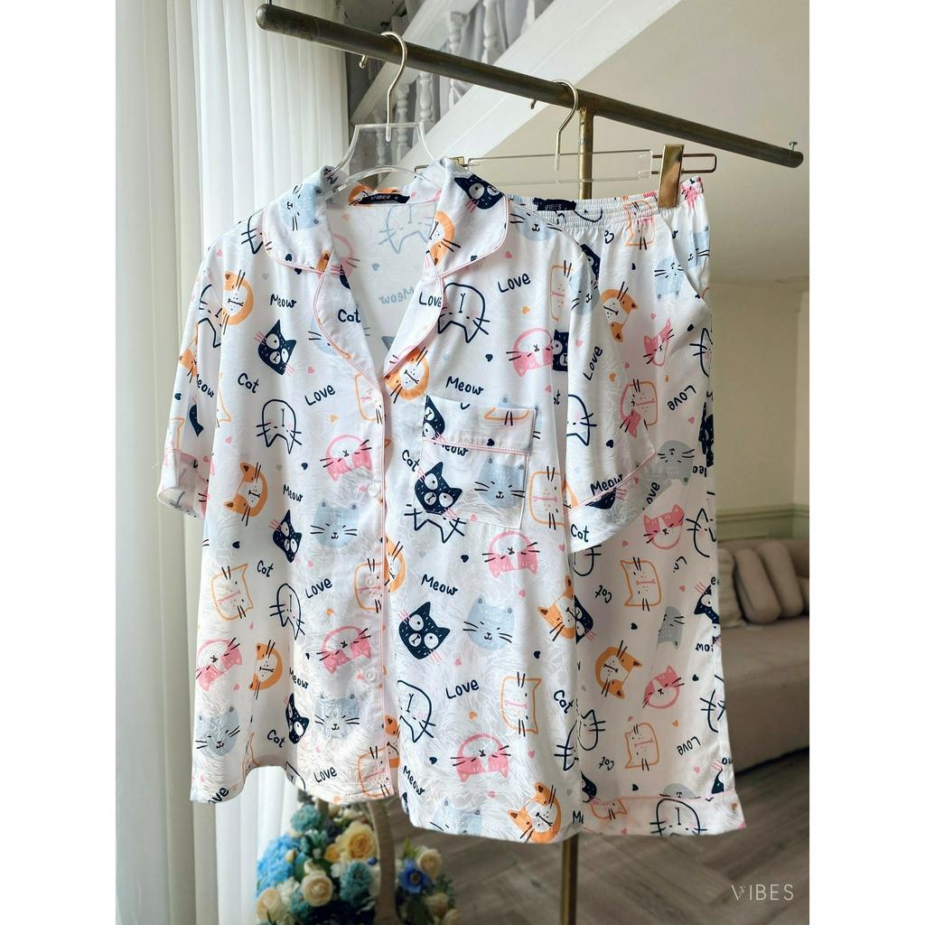 VIBES Pijama lửng lụa gấm Meow Capri Py Set