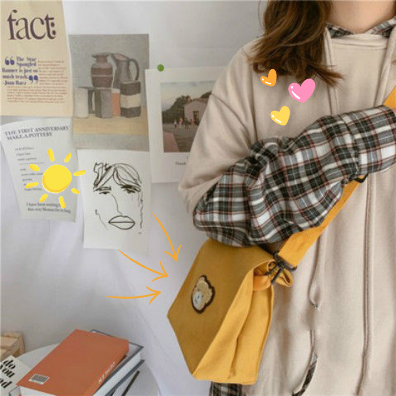 [OUYOU]Đeo Chéo Thời Trang  Túi Vải Túi Xách Dành Cho Nữ Hình Gấu Đáng Yêu Phong Cách Retro Cho Nữ