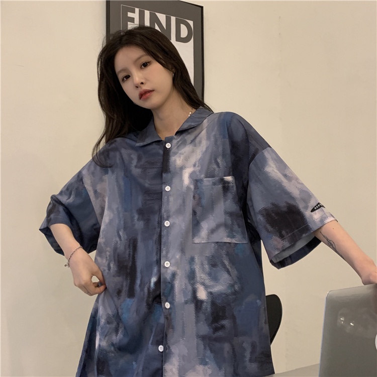 Áo Sơ Mi Ngắn Tay Nhuộm Màu Thời Trang retro Mỹ Cho Nữ