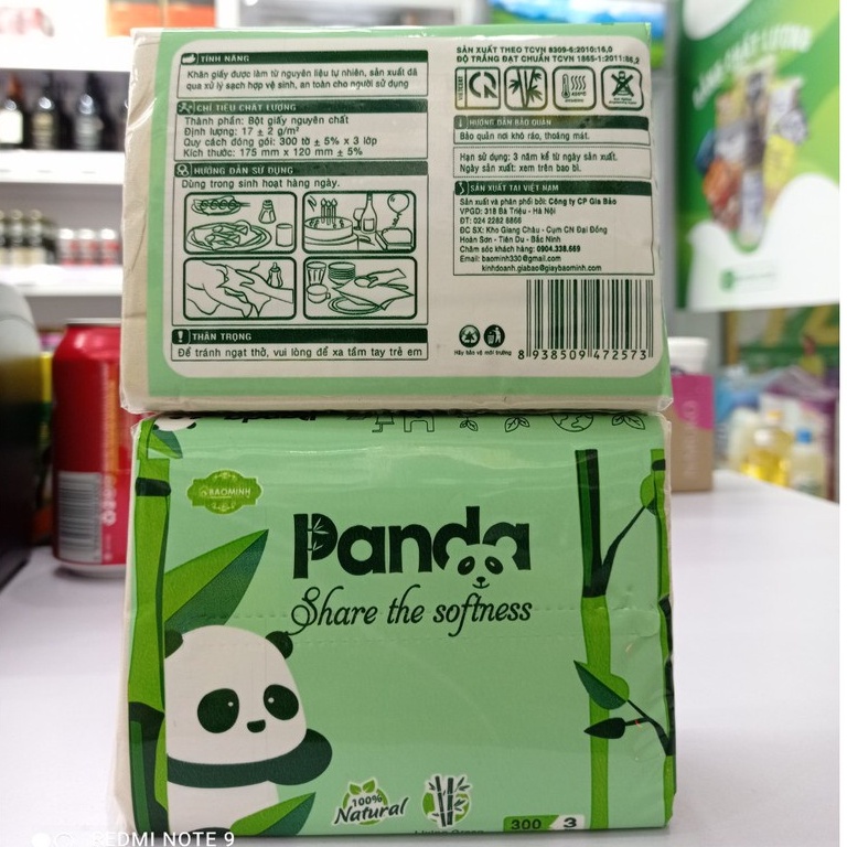 Giấy gấu trúc tre Panda dạng rút màu xanh, bịch 10 cuộn giấy lõi và cuộn giấy không lõi