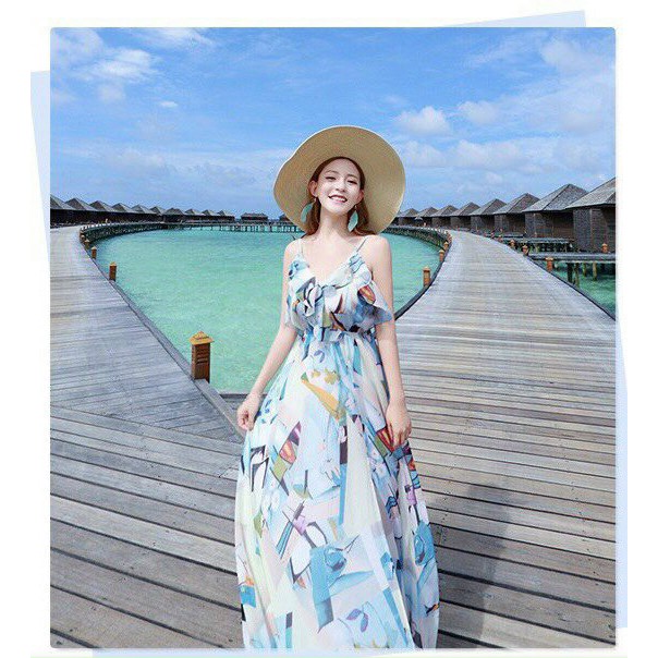 Váy Maxi Hoa Đi Biển Xẻ Tà Cổ V - Đầm Maxi Dài Du Lịch - Maxi Dress Dạ Hội Siêu Đẹp Siêu Sang