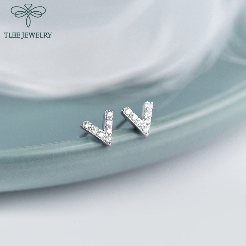 Khuyên tai bạc nữ TLEE chữ V nạm đá mini xinh xắn TleeJewelry B0135